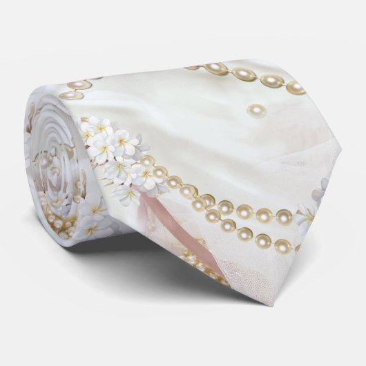 Witte-ivoor-zijde-uithoekige miniparels stropdas (Opgerold)