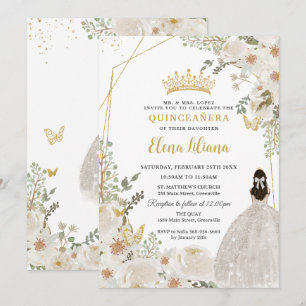 Witte Ivoren Bloemige Prinses Gouden Quinceanera 1 Kaart