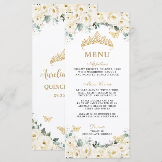 Witte Ivoren Roos Bloemige Vlinder Quinceañera Men Programma (Voorkant / Achterkant)