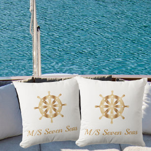 Witte jacht naam gouden stuurwiel buitenkussen