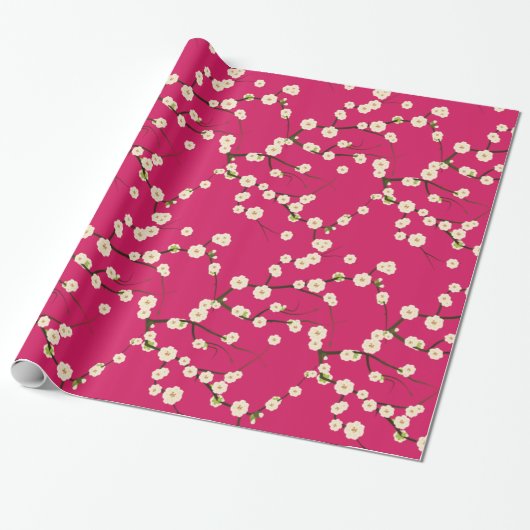 Witte Japanse Cherry Blossom Branches op Red Cadeaupapier (Uitgerold)
