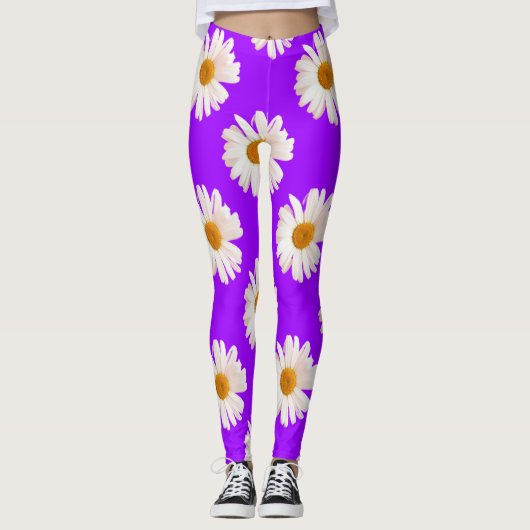 Witte jasmijn op neon paarse achtergrond leggings (Voorkant)