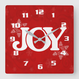 Witte JOY op Elegant Rode Kerst Vierkante Klok