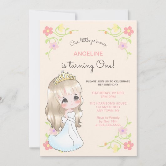 Witte Jurk Prinses Bloemenperzik Verjaardag Kaart (Voorkant)