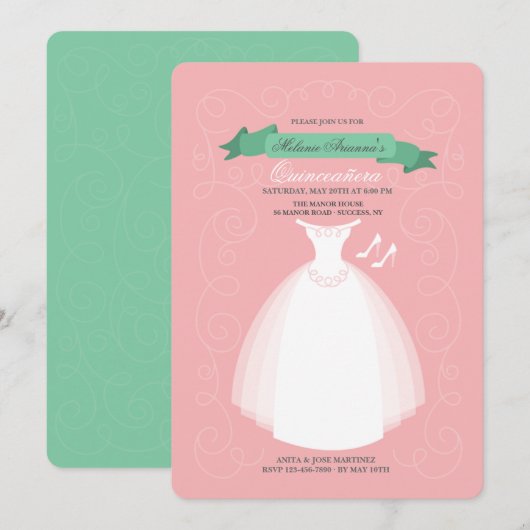 Witte jurk Quinceañera uitnodiging (Voorkant / Achterkant)