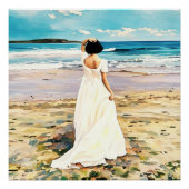 Witte jurk wandelen op rustige strand kustlijn perfect poster (Voorkant)