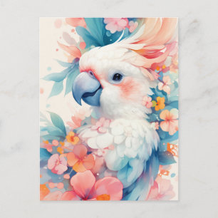 Witte Kaketoe Papegaai met Roze Hibiscus Bloem Briefkaart