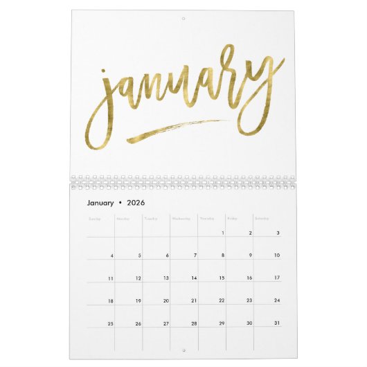 Witte kalender 2024 met faux gouden maanden (Jan 2026)