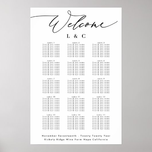 Witte kalligrafie bruiloft welkom zitplaatsen kaar poster (Voorkant)