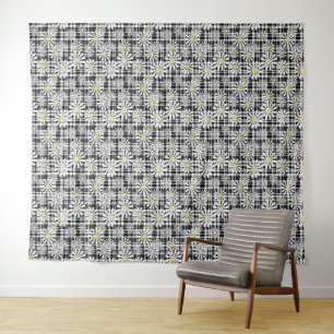 Witte kamille bloemen op zwart wit geruit door wandkleed