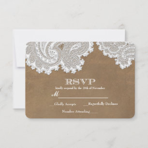 Witte kant & bruine rustieke elegante trouw-RSVP RSVP Kaartje