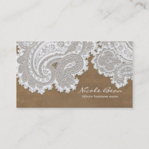 Witte kant en bruine rustieke chique elegante trou visitekaartje