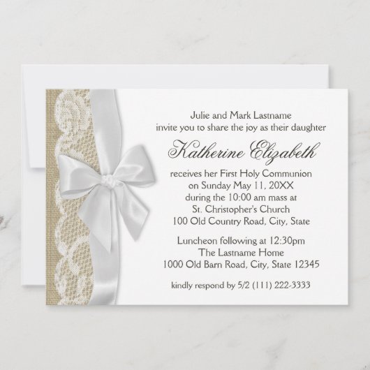Witte kant en Burlap Eerste Communie Kaart (Voorkant)