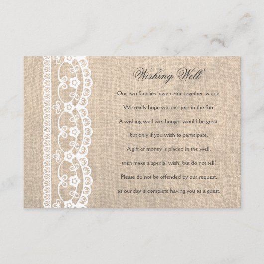 Witte kant-en-klar bruiloftswenskaart met jute en  informatiekaartje (Voorkant)