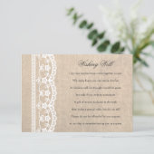 Witte kant-en-klar bruiloftswenskaart met jute en  informatiekaartje (Staand voorkant)