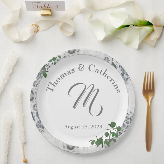 Witte kant en Roos bladeren Bord papier (Huwelijk)