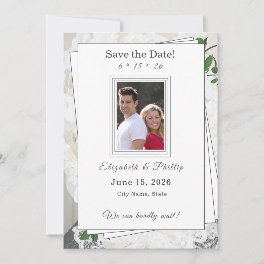 Witte Kant en Roos bladeren Bruiloft Save the Date (Voorkant)