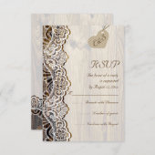 Witte kant & hart op hout bruiloft RSVP (Voorkant / Achterkant)