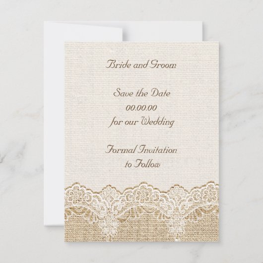 Witte kant & hart op jute bruiloft Save the Date Kaart (Achterkant)