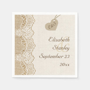 Witte kant & hart op jute rustieke bruiloft servet