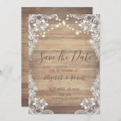Witte kant, houtextuur, licht sparen de Datum Save The Date (Voorkant / Achterkant)