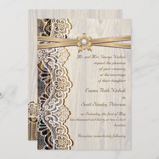 Witte kant, lint, bloem & hout bruiloft kaart (Voorkant / Achterkant)