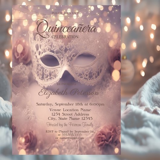 Witte kant Masque Rozen Quinceañera Kaart