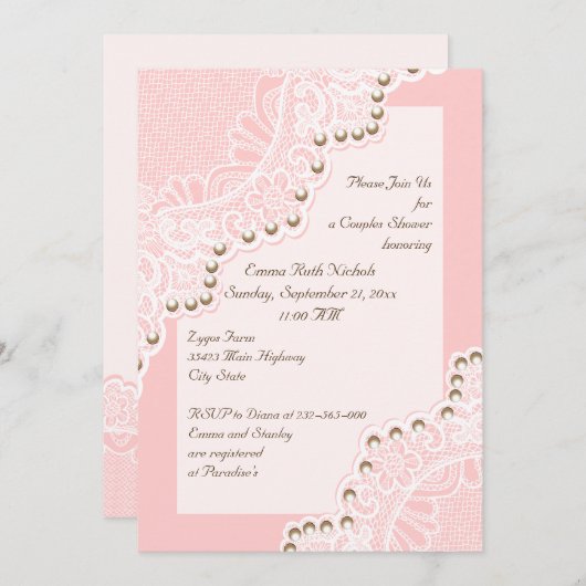 Witte kant met parels roze bruidsparen douche kaart (Voorkant / Achterkant)