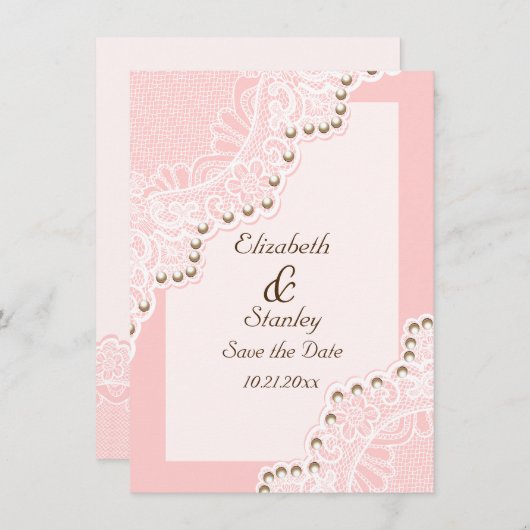 Witte kant met parels roze bruiloft Save the Date (Voorkant / Achterkant)