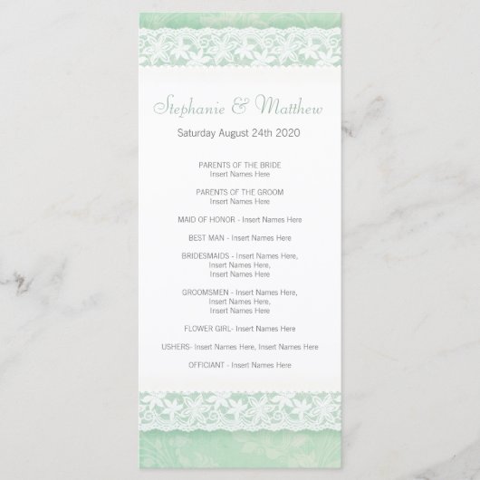 Witte kant op groene bruiloft programma rack kaart (Voorkant)