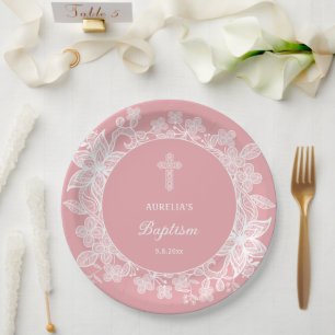 Witte kant op roze doop papieren bordje