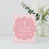 Witte kant op roze doop uitnodiging (Staand voorkant)