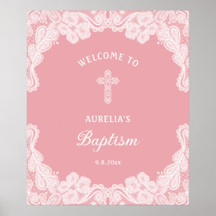 Witte kant op roze doop Welkom Poster