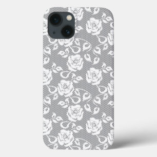 Witte kant patroon op grijze achtergrond iPhone 13 hoesje