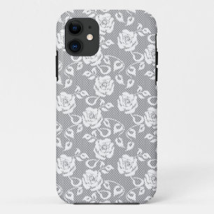 Witte kant patroon op grijze achtergrond iPhone 11 hoesje