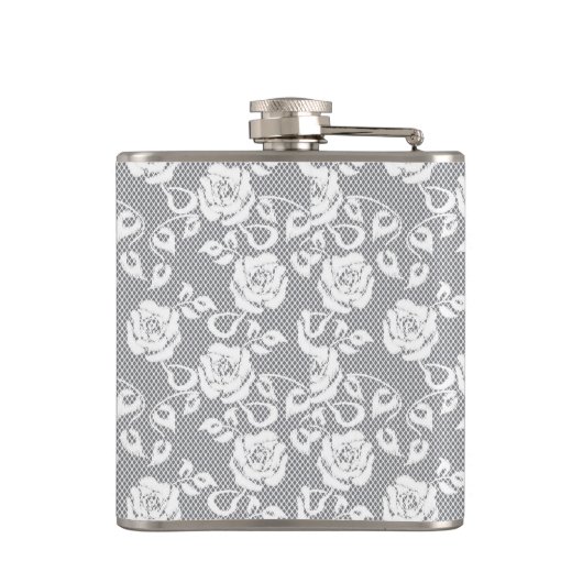 Witte kant patroon op grijze achtergrond heupfles (Achterkant)