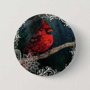Witte kant primitieve kerst rode kardinaal ronde button 5,7 cm