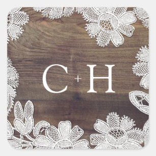 Witte Kant Schuur Houten Monogram Bruiloft Vierkante Sticker