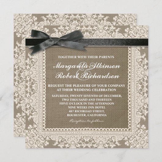 Witte kant zwarte boog & jute bruiloft uitnodiging (Voorkant / Achterkant)