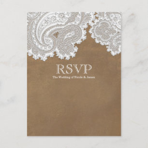 Witte Kanten & Bruine Rustieke Elegante Trouw-RSVP Uitnodiging Briefkaart