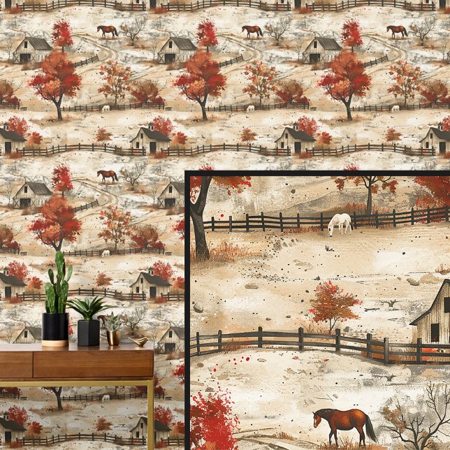 Witte & Kastanje Bruine Paardenstal Herfst Ranch Behang (Creator heeft geüpload)