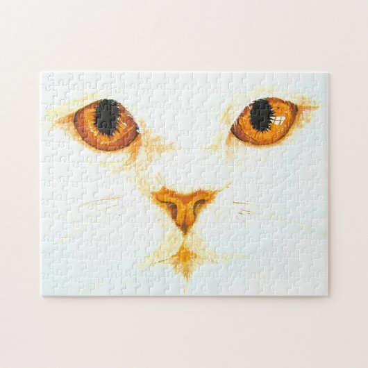 Witte Kat Amber Ogen Aquarel Art Print Legpuzzel (Horizontaal)