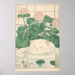 Witte kat badkuipprint, Ukiyo-e Japanse kunst Poster