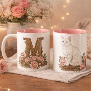 Witte Kat Blauwe Ogen Monogrammokkop Tweekleurige Koffiemok