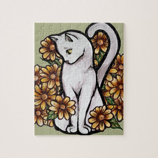 Witte kat Daisy Flowers Cats Legpuzzel (Verticaal)