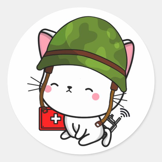 Witte kat die legerhelm draagt ronde sticker (Voorkant)