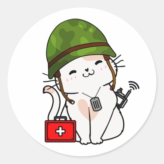 Witte kat die legerhelm draagt ronde sticker (Voorkant)