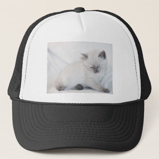 Witte kat die zichzelf groomt trucker pet (Voorkant)