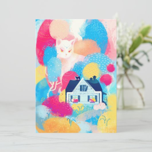 Witte kat en landhuis kaart (Staand voorkant)
