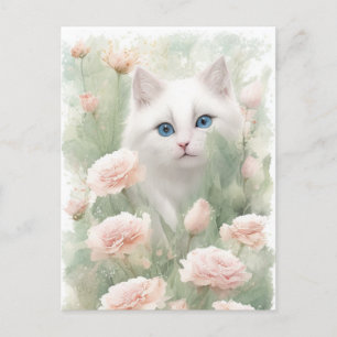 Witte kat en roze bloemen briefkaart